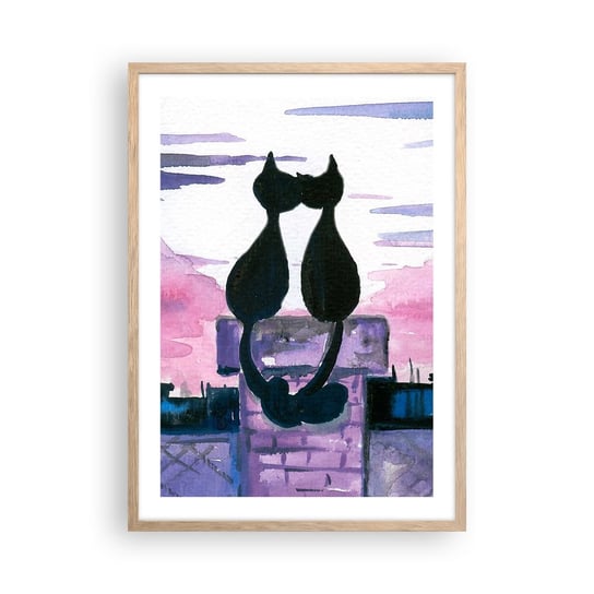 Obraz - Plakat - Rendez-vous pod księżycem - 50x70cm - Koty Na Dachu Architektura Symbol Miłości - Nowoczesny modny obraz Plakat rama jasny dąb ARTTOR ARTTOR