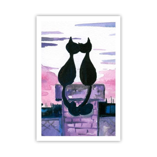 Obraz - Plakat - Rendez-vous pod księżycem - 61x91cm - Koty Na Dachu Architektura Symbol Miłości - Foto Plakaty na ścianę bez ramy - Plakat do Salonu Sypialni ARTTOR ARTTOR