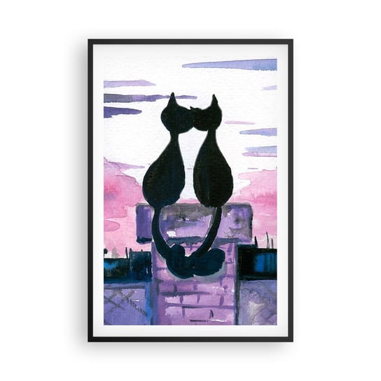 Obraz - Plakat - Rendez-vous pod księżycem - 61x91cm - Koty Na Dachu Architektura Symbol Miłości - Foto Plakaty na ścianę w czarnej ramie - Plakat do Salonu Sypialni ARTTOR ARTTOR