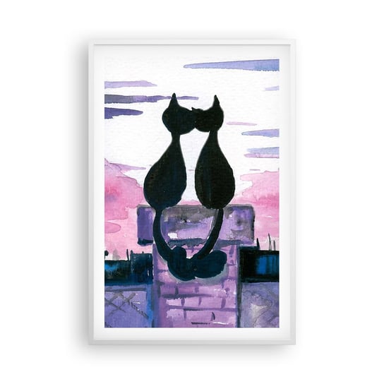 Obraz - Plakat - Rendez-vous pod księżycem - 61x91cm - Koty Na Dachu Architektura Symbol Miłości - Foto Plakaty na ścianę w ramie białej - Plakat do Salonu Sypialni ARTTOR ARTTOR