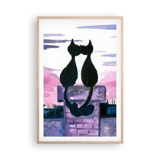 Obraz - Plakat - Rendez-vous pod księżycem - 61x91cm - Koty Na Dachu Architektura Symbol Miłości - Foto Plakaty na ścianę w ramie jasny dąb - Plakat do Salonu Sypialni ARTTOR ARTTOR