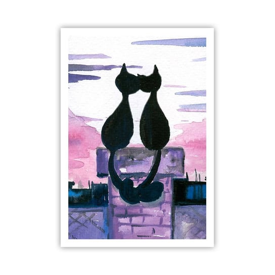 Obraz - Plakat - Rendez-vous pod księżycem - 70x100cm - Koty Na Dachu Architektura Symbol Miłości - Foto Plakaty bez ramy na ścianę do Salonu Sypialni ARTTOR ARTTOR
