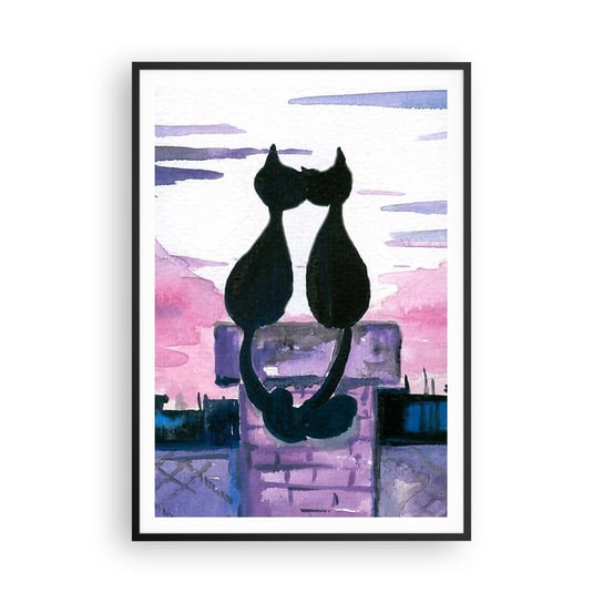 Obraz - Plakat - Rendez-vous pod księżycem - 70x100cm - Koty Na Dachu Architektura Symbol Miłości - Foto Plakaty w ramie koloru czarnego do Salonu Sypialni ARTTOR ARTTOR