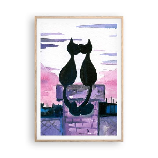 Obraz - Plakat - Rendez-vous pod księżycem - 70x100cm - Koty Na Dachu Architektura Symbol Miłości - Foto Plakaty w ramie koloru jasny dąb do Salonu Sypialni ARTTOR ARTTOR