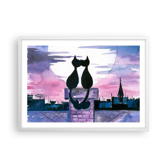 Obraz - Plakat - Rendez-vous pod księżycem - 70x50cm - Koty Na Dachu Architektura Symbol Miłości - Nowoczesny modny obraz Plakat rama biała ARTTOR ARTTOR