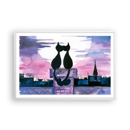 Obraz - Plakat - Rendez-vous pod księżycem - 91x61cm - Koty Na Dachu Architektura Symbol Miłości - Foto Plakaty na ścianę w ramie białej - Plakat do Salonu Sypialni ARTTOR ARTTOR