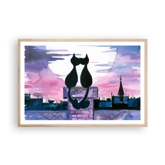 Obraz - Plakat - Rendez-vous pod księżycem - 91x61cm - Koty Na Dachu Architektura Symbol Miłości - Foto Plakaty na ścianę w ramie jasny dąb - Plakat do Salonu Sypialni ARTTOR ARTTOR