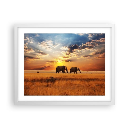 Obraz - Plakat - Rodzinna przechadzka - 50x40cm - Zwierzęta Afryka Słoń - Foto Plakaty w ramie koloru białego do Salonu Sypialni ARTTOR ARTTOR