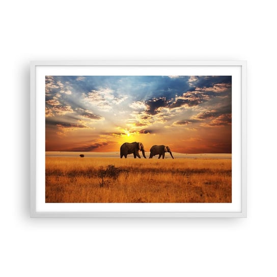 Obraz - Plakat - Rodzinna przechadzka - 70x50cm - Zwierzęta Afryka Słoń - Nowoczesny modny obraz Plakat rama biała ARTTOR ARTTOR