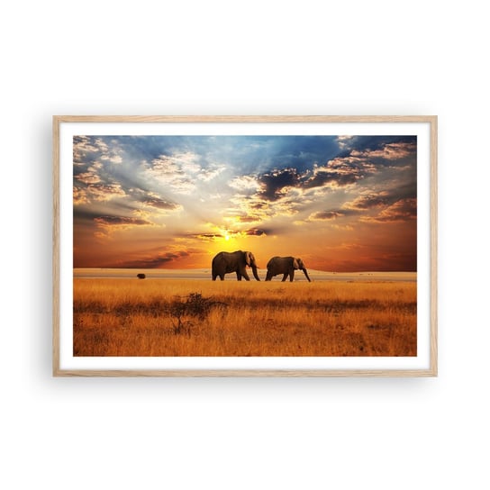 Obraz - Plakat - Rodzinna przechadzka - 91x61cm - Zwierzęta Afryka Słoń - Foto Plakaty na ścianę w ramie jasny dąb - Plakat do Salonu Sypialni ARTTOR ARTTOR