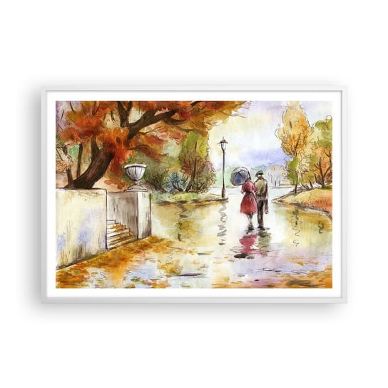 Obraz - Plakat - Romantyczna jesień w parku - 100x70cm - Miasto Ludzie Zakochana Para - Foto Plakaty w ramie koloru białego do Salonu Sypialni ARTTOR ARTTOR