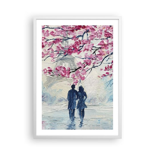 Obraz - Plakat - Romantyczny spacer - 50x70cm - Paryż Wieża Eiffla Zakochana Para - Nowoczesny modny obraz Plakat rama biała ARTTOR ARTTOR