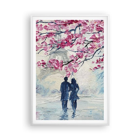 Obraz - Plakat - Romantyczny spacer - 70x100cm - Paryż Wieża Eiffla Zakochana Para - Foto Plakaty w ramie koloru białego do Salonu Sypialni ARTTOR ARTTOR