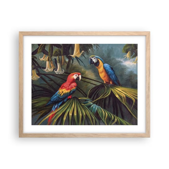 Obraz - Plakat - Romantyzm w tropikach - 50x40cm - Papuga Ara Zwierzęta Las Tropikalny - Foto Plakaty w ramie koloru jasny dąb do Salonu Sypialni ARTTOR ARTTOR