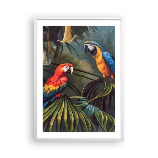 Obraz - Plakat - Romantyzm w tropikach - 50x70cm - Papuga Ara Zwierzęta Las Tropikalny - Nowoczesny modny obraz Plakat rama biała ARTTOR ARTTOR