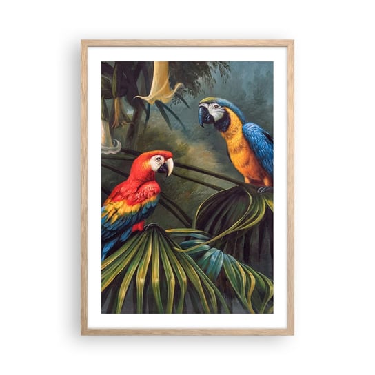 Obraz - Plakat - Romantyzm w tropikach - 50x70cm - Papuga Ara Zwierzęta Las Tropikalny - Nowoczesny modny obraz Plakat rama jasny dąb ARTTOR ARTTOR