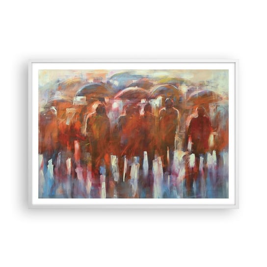 Obraz - Plakat - Równi w deszczu i mgle - 100x70cm - Ludzie Ruchliwe Miasto Sztuka - Foto Plakaty w ramie koloru białego do Salonu Sypialni ARTTOR ARTTOR