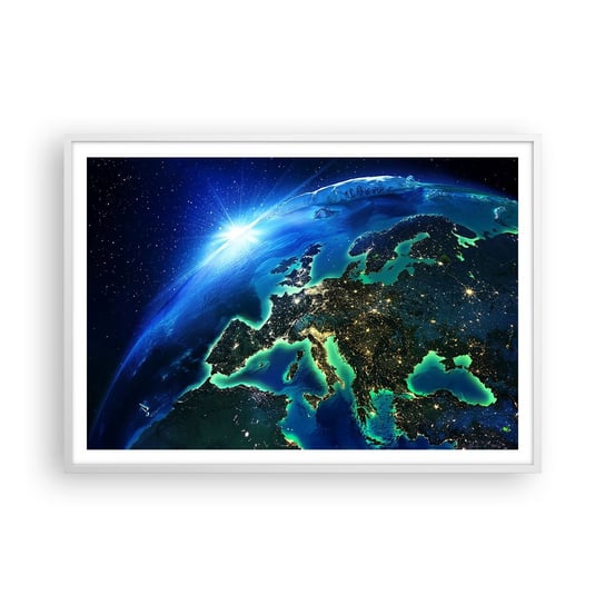 Obraz - Plakat - Roziskrzona Europa - 100x70cm - Kosmos Planeta Ziemia Kontynenty - Foto Plakaty w ramie koloru białego do Salonu Sypialni ARTTOR ARTTOR