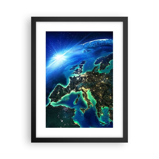 Obraz - Plakat - Roziskrzona Europa - 30x40cm - Kosmos Planeta Ziemia Kontynenty - Foto Plakaty na ścianę w czarnej ramie - Plakat do Salonu Sypialni ARTTOR ARTTOR