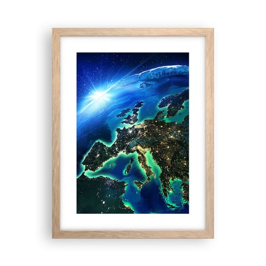 Obraz - Plakat - Roziskrzona Europa - 30x40cm - Kosmos Planeta Ziemia Kontynenty - Foto Plakaty na ścianę w ramie jasny dąb - Plakat do Salonu Sypialni ARTTOR ARTTOR