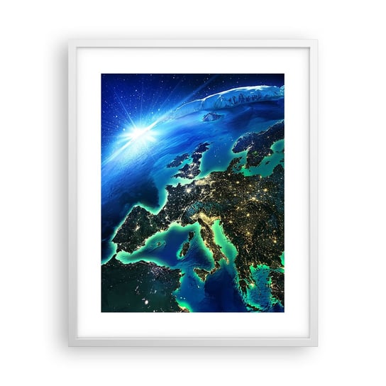 Obraz - Plakat - Roziskrzona Europa - 40x50cm - Kosmos Planeta Ziemia Kontynenty - Foto Plakaty w ramie koloru białego do Salonu Sypialni ARTTOR ARTTOR