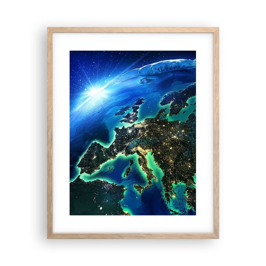 Obraz - Plakat - Roziskrzona Europa - 40x50cm - Kosmos Planeta Ziemia Kontynenty - Foto Plakaty w ramie koloru jasny dąb do Salonu Sypialni ARTTOR ARTTOR