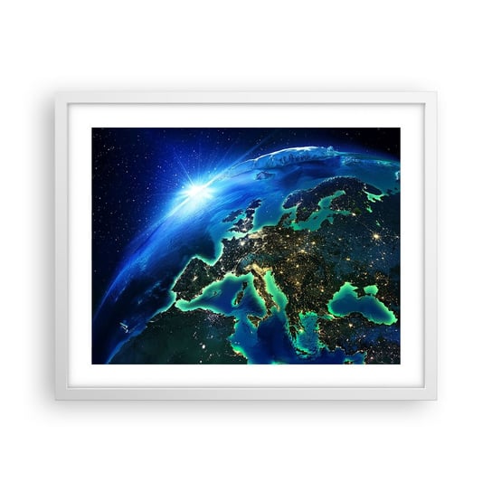 Obraz - Plakat - Roziskrzona Europa - 50x40cm - Kosmos Planeta Ziemia Kontynenty - Foto Plakaty w ramie koloru białego do Salonu Sypialni ARTTOR ARTTOR