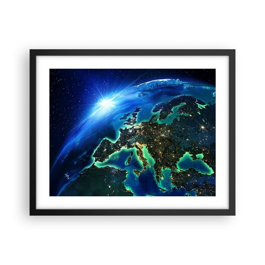 Obraz - Plakat - Roziskrzona Europa - 50x40cm - Kosmos Planeta Ziemia Kontynenty - Foto Plakaty w ramie koloru czarnego do Salonu Sypialni ARTTOR ARTTOR