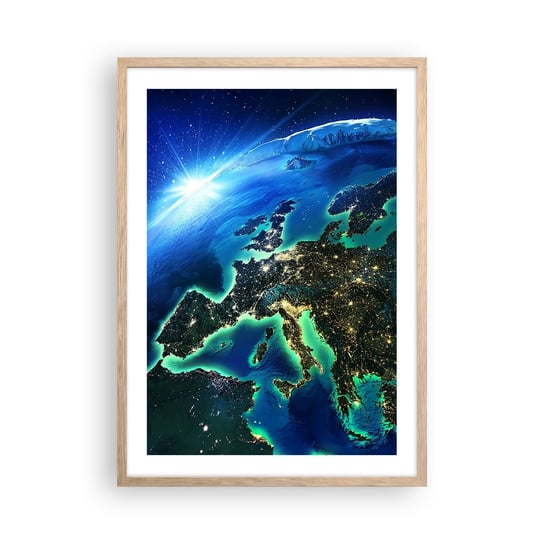 Obraz - Plakat - Roziskrzona Europa - 50x70cm - Kosmos Planeta Ziemia Kontynenty - Nowoczesny modny obraz Plakat rama jasny dąb ARTTOR ARTTOR