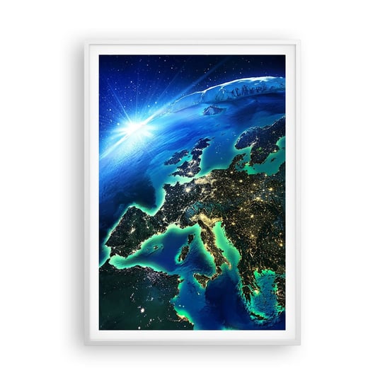 Obraz - Plakat - Roziskrzona Europa - 70x100cm - Kosmos Planeta Ziemia Kontynenty - Foto Plakaty w ramie koloru białego do Salonu Sypialni ARTTOR ARTTOR