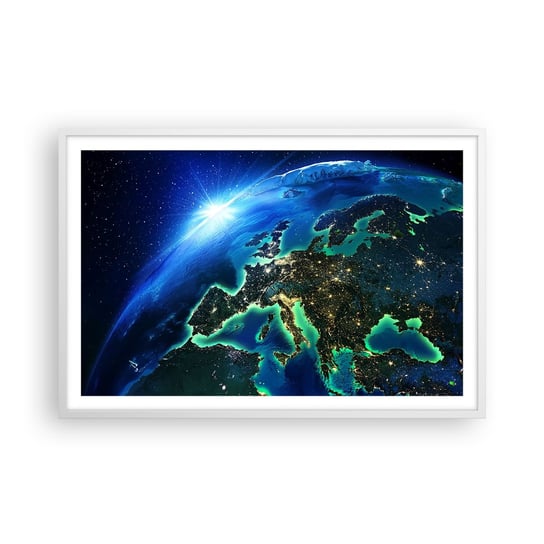 Obraz - Plakat - Roziskrzona Europa - 91x61cm - Kosmos Planeta Ziemia Kontynenty - Foto Plakaty na ścianę w ramie białej - Plakat do Salonu Sypialni ARTTOR ARTTOR