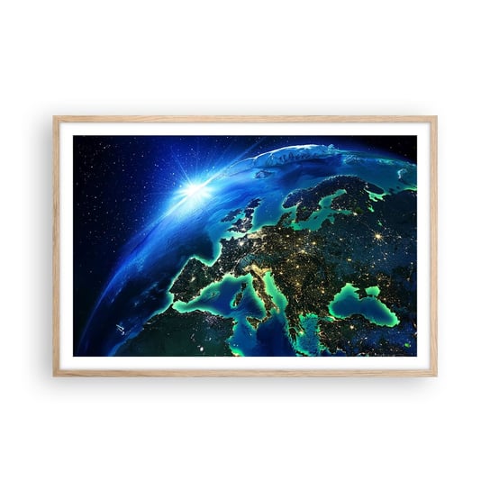 Obraz - Plakat - Roziskrzona Europa - 91x61cm - Kosmos Planeta Ziemia Kontynenty - Foto Plakaty na ścianę w ramie jasny dąb - Plakat do Salonu Sypialni ARTTOR ARTTOR