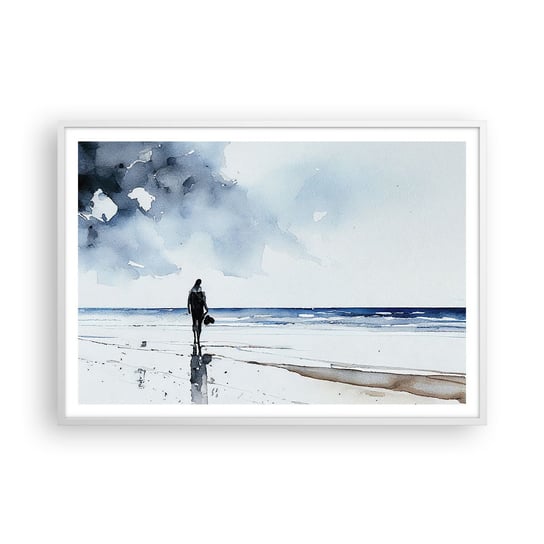 Obraz - Plakat - Rozmowa z morzem - 100x70cm - Samotny Człowiek Brzeg Morza - Foto Plakaty w ramie koloru białego do Salonu Sypialni ARTTOR ARTTOR