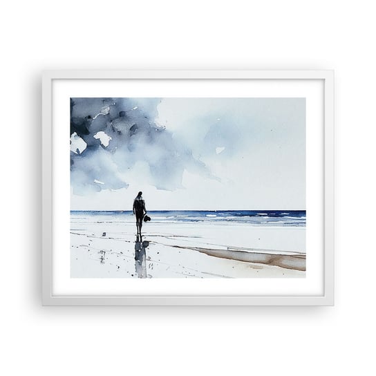 Obraz - Plakat - Rozmowa z morzem - 50x40cm - Samotny Człowiek Brzeg Morza - Foto Plakaty w ramie koloru białego do Salonu Sypialni ARTTOR ARTTOR