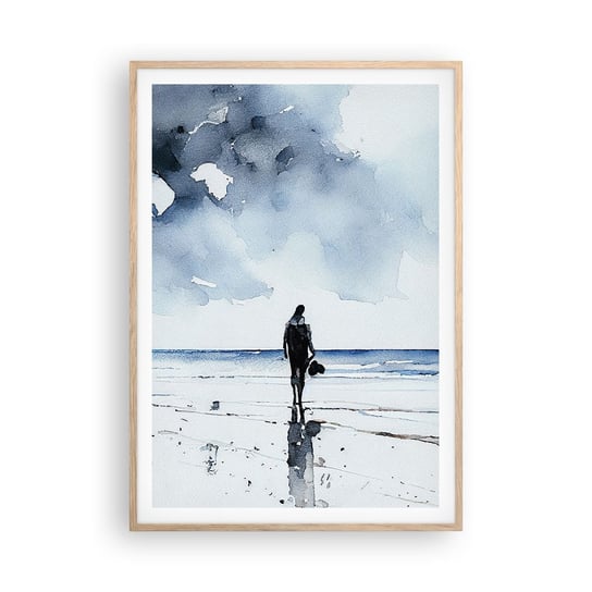 Obraz - Plakat - Rozmowa z morzem - 70x100cm - Samotny Człowiek Brzeg Morza - Foto Plakaty w ramie koloru jasny dąb do Salonu Sypialni ARTTOR ARTTOR