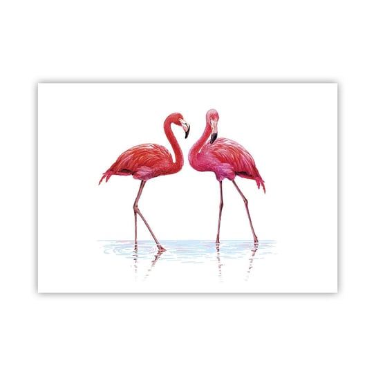 Obraz - Plakat - Różowe randez-vous - 100x70cm - Flamingi Ptaki Sztuka - Foto Plakaty bez ramy na ścianę do Salonu Sypialni ARTTOR ARTTOR