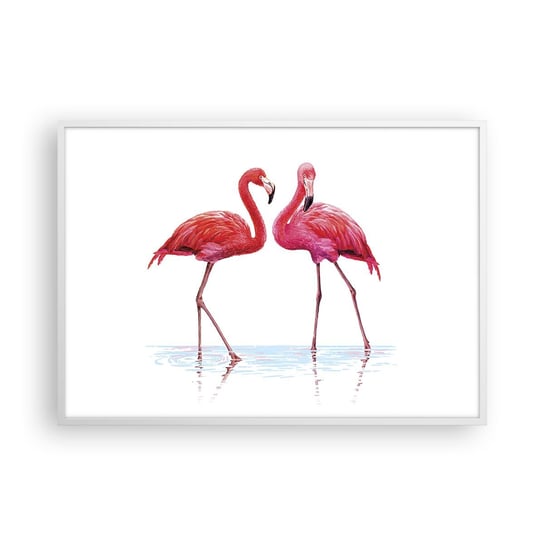 Obraz - Plakat - Różowe randez-vous - 100x70cm - Flamingi Ptaki Sztuka - Foto Plakaty w ramie koloru białego do Salonu Sypialni ARTTOR ARTTOR