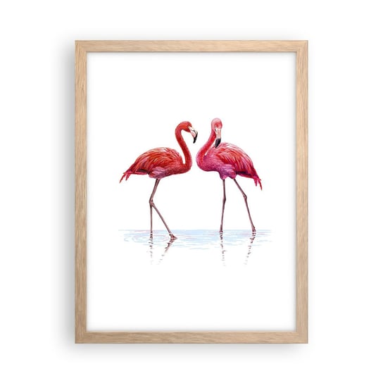 Obraz - Plakat - Różowe randez-vous - 30x40cm - Flamingi Ptaki Sztuka - Foto Plakaty na ścianę w ramie jasny dąb - Plakat do Salonu Sypialni ARTTOR ARTTOR