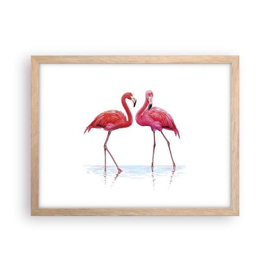 Obraz - Plakat - Różowe randez-vous - 40x30cm - Flamingi Ptaki Sztuka - Foto Plakaty na ścianę w ramie jasny dąb - Plakat do Salonu Sypialni ARTTOR ARTTOR