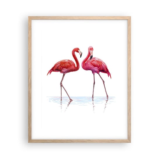 Obraz - Plakat - Różowe randez-vous - 40x50cm - Flamingi Ptaki Sztuka - Foto Plakaty w ramie koloru jasny dąb do Salonu Sypialni ARTTOR ARTTOR