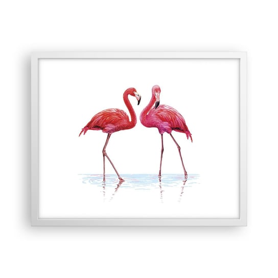 Obraz - Plakat - Różowe randez-vous - 50x40cm - Flamingi Ptaki Sztuka - Foto Plakaty w ramie koloru białego do Salonu Sypialni ARTTOR ARTTOR