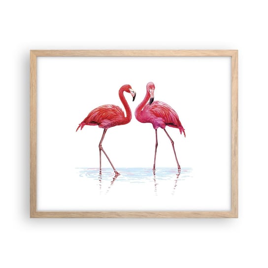 Obraz - Plakat - Różowe randez-vous - 50x40cm - Flamingi Ptaki Sztuka - Foto Plakaty w ramie koloru jasny dąb do Salonu Sypialni ARTTOR ARTTOR