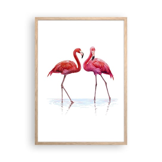 Obraz - Plakat - Różowe randez-vous - 50x70cm - Flamingi Ptaki Sztuka - Nowoczesny modny obraz Plakat rama jasny dąb ARTTOR ARTTOR