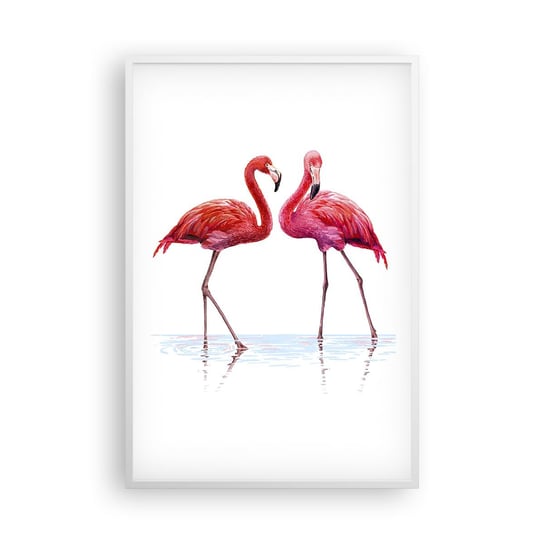 Obraz - Plakat - Różowe randez-vous - 61x91cm - Flamingi Ptaki Sztuka - Foto Plakaty na ścianę w ramie białej - Plakat do Salonu Sypialni ARTTOR ARTTOR
