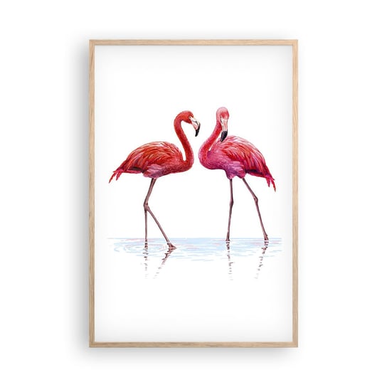Obraz - Plakat - Różowe randez-vous - 61x91cm - Flamingi Ptaki Sztuka - Foto Plakaty na ścianę w ramie jasny dąb - Plakat do Salonu Sypialni ARTTOR ARTTOR