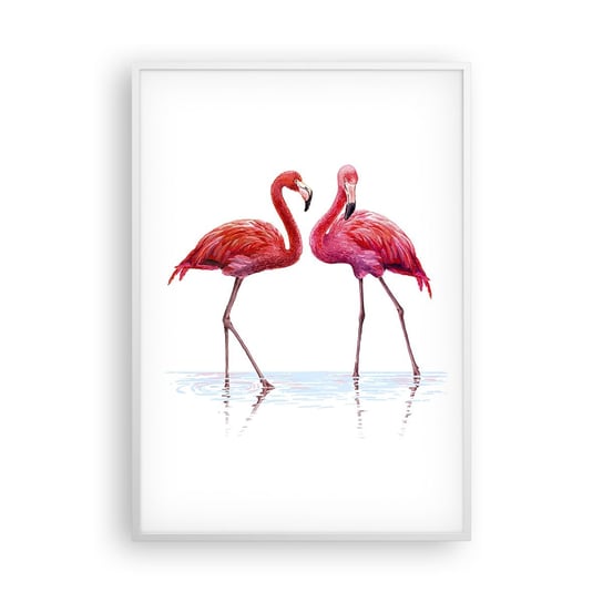 Obraz - Plakat - Różowe randez-vous - 70x100cm - Flamingi Ptaki Sztuka - Foto Plakaty w ramie koloru białego do Salonu Sypialni ARTTOR ARTTOR