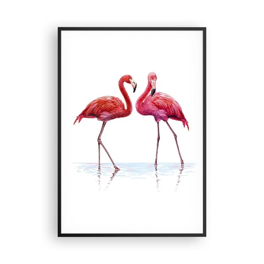Obraz - Plakat - Różowe randez-vous - 70x100cm - Flamingi Ptaki Sztuka - Foto Plakaty w ramie koloru czarnego do Salonu Sypialni ARTTOR ARTTOR