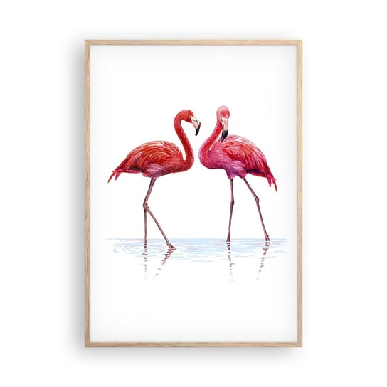 Obraz - Plakat - Różowe randez-vous - 70x100cm - Flamingi Ptaki Sztuka - Foto Plakaty w ramie koloru jasny dąb do Salonu Sypialni ARTTOR ARTTOR