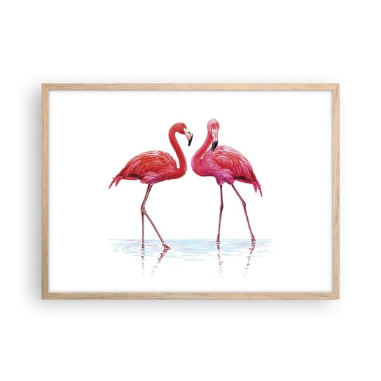 Obraz - Plakat - Różowe randez-vous - 70x50cm - Flamingi Ptaki Sztuka - Nowoczesny modny obraz Plakat rama jasny dąb ARTTOR ARTTOR