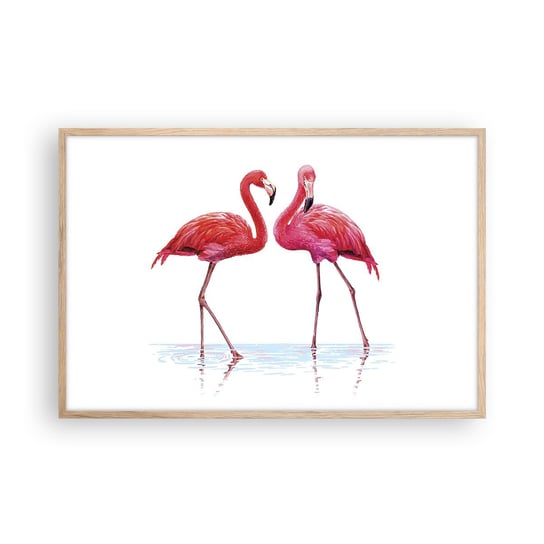 Obraz - Plakat - Różowe randez-vous - 91x61cm - Flamingi Ptaki Sztuka - Foto Plakaty na ścianę w ramie jasny dąb - Plakat do Salonu Sypialni ARTTOR ARTTOR